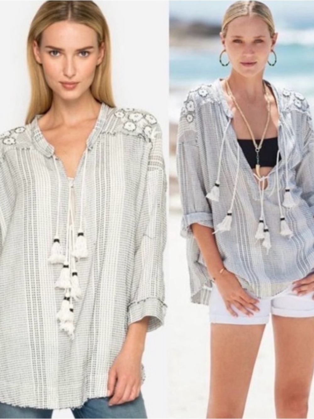 Johnny Was Cotton Women's Striped Tassel Peasant Blouse White Black Size L